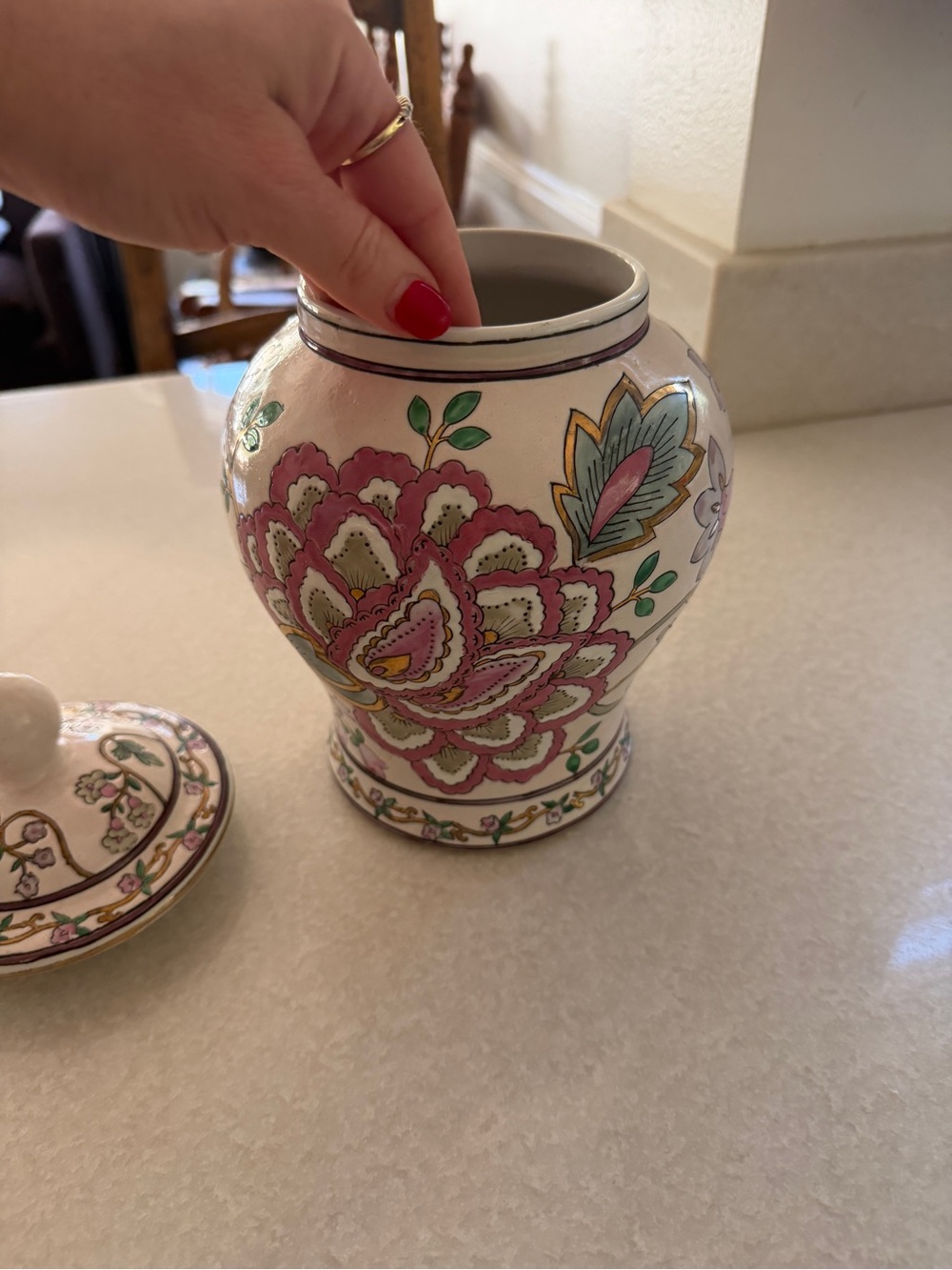 Vintage Pink and Green Floral Ceramic Jar with Lid